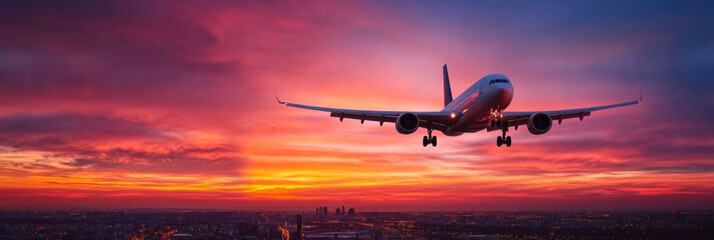 Obraz premium Airplane is flying in colorful sky over city at night. Landscape