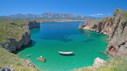 Serene Coastal Cove  Turquoise Waters  Rocky Cliffs  Boat