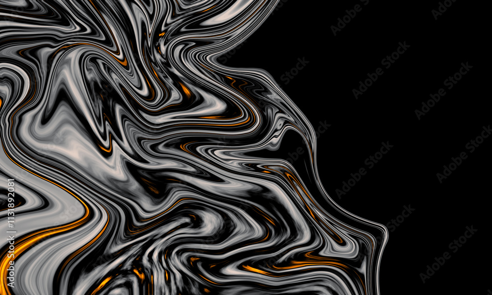 Poster abstract liquid background with swirling, iridescent patterns in shades of black and silver with a h