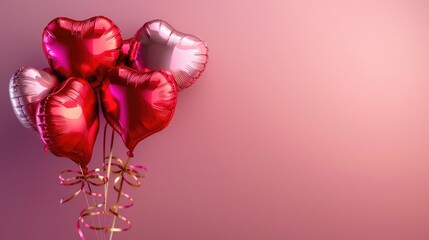 A bouquet of shiny red and pink heart-shaped balloons tied with a golden ribbon on a gradient pink background for Valentine’s Day