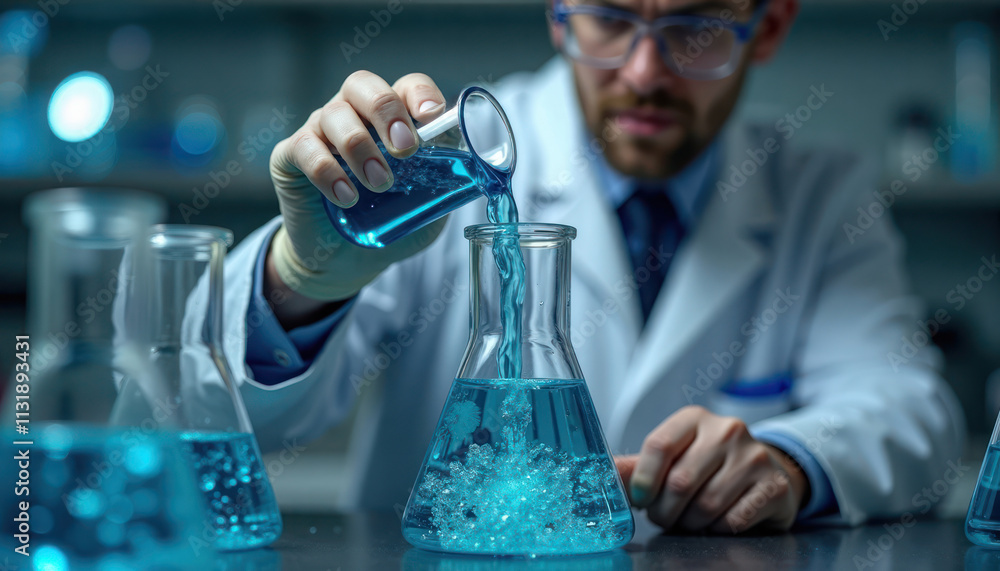 Poster scientist pours blue liquid into flask in lab. experimentation with chemical reaction visible. focus
