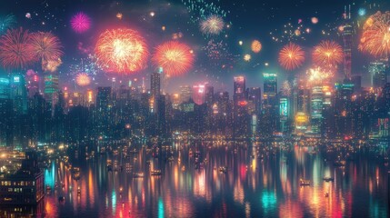 Fototapeta premium A vibrant city skyline illuminated by colorful fireworks over a reflective water surface.