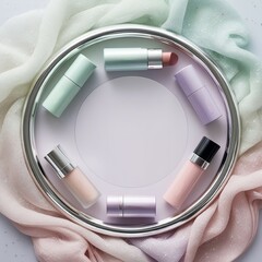 Obraz premium Makeup products in pastel shades of mint green, lavender, and blush pink, encircling a silver circular frame. The background has a dreamy pastel gradient with subtle sparkles and a clear text area.