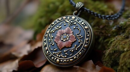 Fototapeta premium Elegant Floral Pendant Necklace: Vintage Brass Jewelry