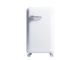 Sleek white refrigerator with streamlined handle, modern kitchen essential for food storage and preservation