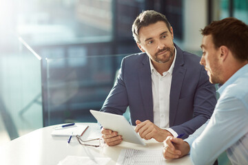Businessman, accountant and client with tablet for meeting, financial planning or budget discussion...