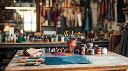 A creative workspace with tools and materials for DIY projects, including paintbrushes, fabric, and crafting supplies, suggesting the process of creating unique and personalized gifts 