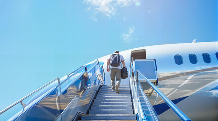 Obraz premium Way to the plane. Passenger boarding airplane with carry-on bag and backpack, travel excitement concept