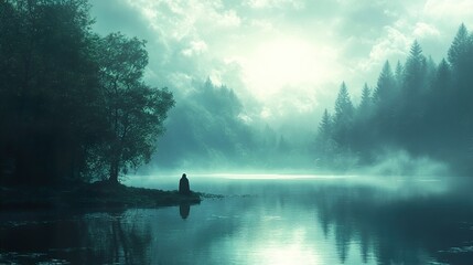 Tranquil Lake in Misty Forest: A Moment of Serenity