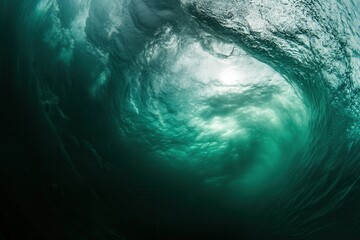 Fototapeta premium Underwater view of a swirling ocean wave.