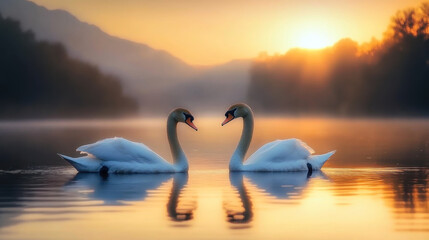 Naklejka premium beautiful white swan in heart shape on lake in flare light