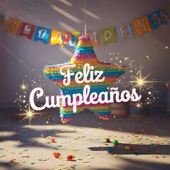 Feliz cumple and Feliz cumpleaños sign kids child Happy Birthday in Spanish language, text Birthday party celebration gift with birthday cake candle colorful balloons best congratulation background