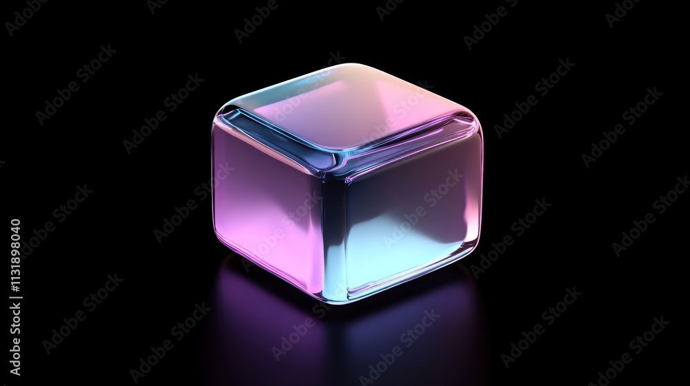 Poster iridescent glass cube on black background with reflection.
