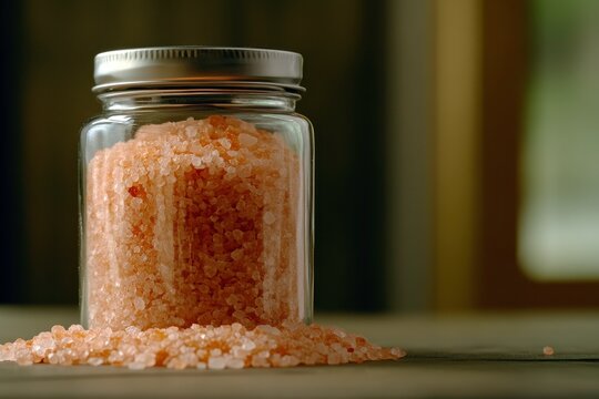 Glass Jar with Pink Himalayan Salt on Wooden Table Surrounded by Spilled Salt Grains in a Cozy, Rustic Kitchen Setting