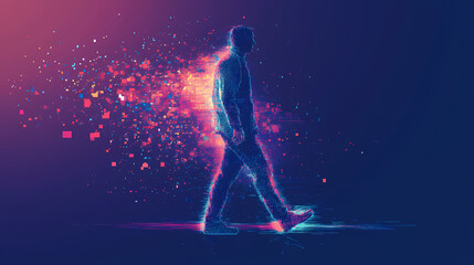Naklejka premium Holographic pixelated man walking in digital future, futuristic ai technology. Flux. Illustration