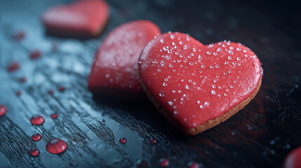 Obraz premium Red heart-shaped cookies decorated with droplets on a wooden surface for Valentine's Day celebration