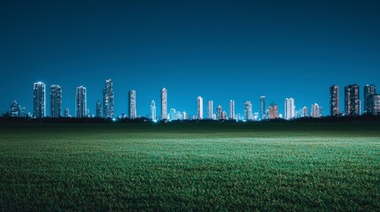 Obraz premium Night City Skyline Modern Architecture Urban Landscape Green Field