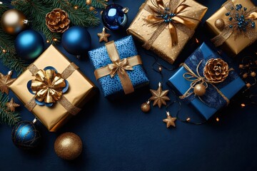 Fototapeta premium Christmas Gifts Presents Ornaments Decorations Luxury Blue Background Gold Sparkle Festive Arrangement Flat Lay