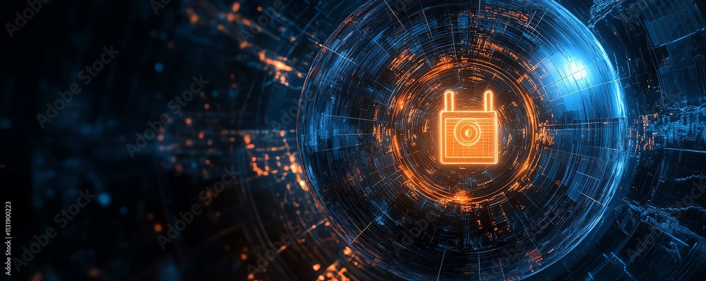 Poster 3d digital lock inside a round sphere on a dark abstract background, symbolizing internet security a