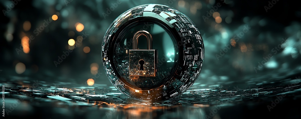 Poster 3d digital lock inside a round sphere on a dark abstract background, symbolizing internet security a