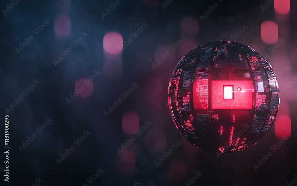 Poster 3d digital lock sign in a round sphere on a dark abstract background, representing data security, wi