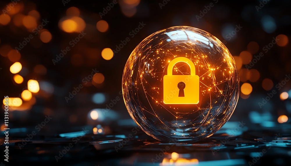 Poster 3d rendering of a bright digital lock sign inside a round sphere on an abstract dark wallpaper, symb