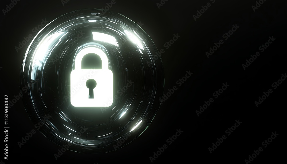Poster 3d rendering of a bright digital lock sign inside a round sphere on an abstract dark wallpaper, symb