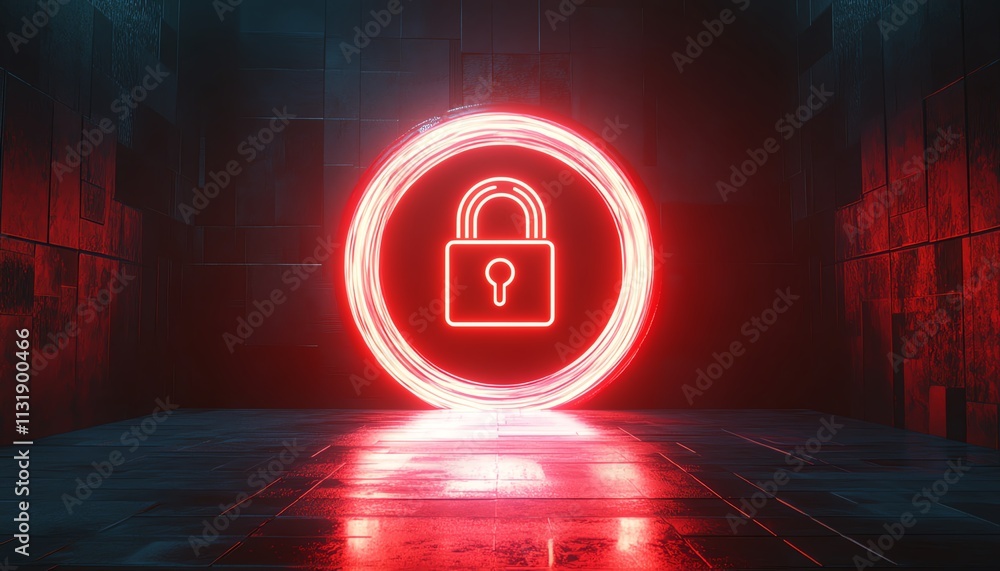 Poster 3d rendering of a bright digital lock sign inside a round sphere on an abstract dark wallpaper, symb
