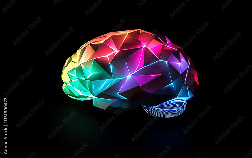 Poster 3d glowing polygonal brain with colorful lines, illustrating cognitive functions, neural innovation,