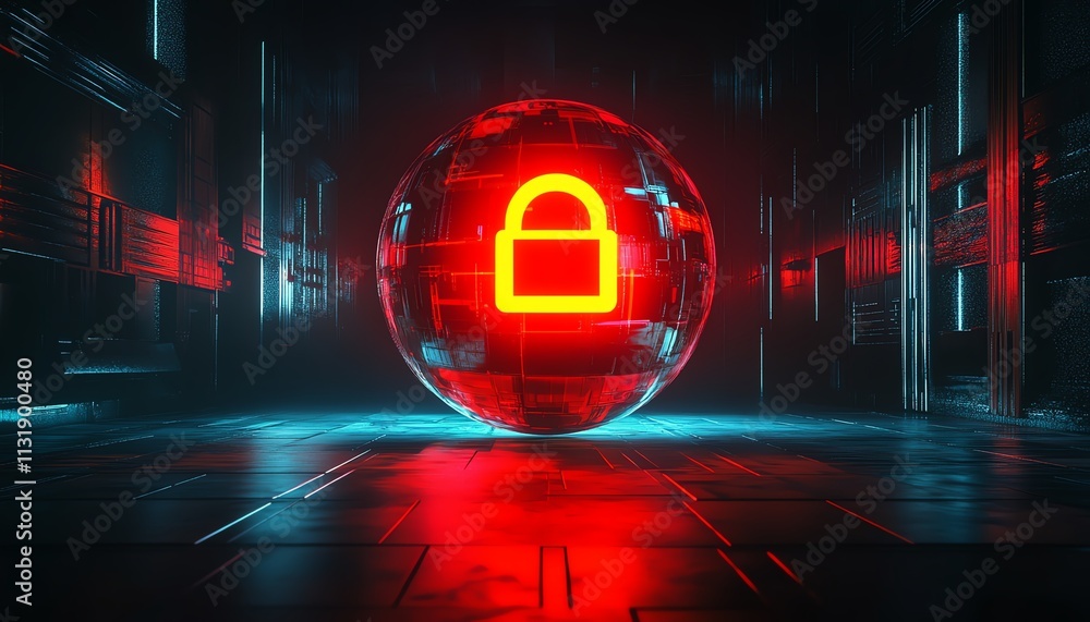 Poster 3d rendering of a bright digital lock sign inside a round sphere on an abstract dark wallpaper, symb