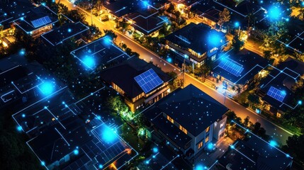 rooftop solar panels, compact designs, glowing control panels, and warm lighting