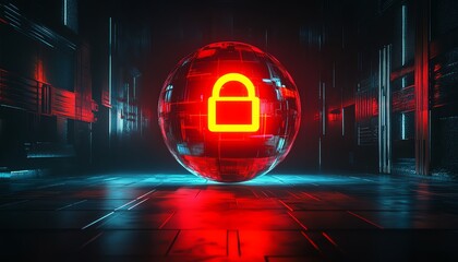 Obraz premium 3D rendering of a bright digital lock sign inside a round sphere on an abstract dark wallpaper, symbolizing internet data security with space for your logo