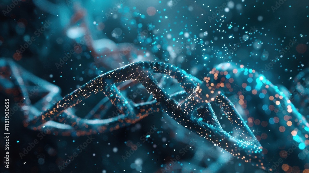 Poster medical background showing a dna double helix rotating with glowing particles, representing genetic 