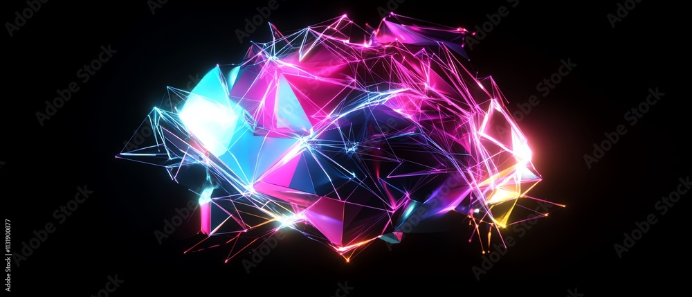 Poster 3d rendering of an abstract glowing polygonal brain with vibrant color lines, symbolizing neural con