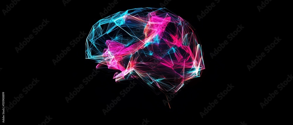 Poster 3d rendering of an abstract glowing polygonal brain with vibrant color lines, symbolizing neural con