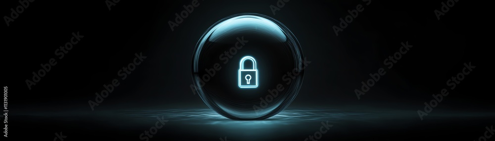 Poster abstract dark background with a glowing digital lock inside a round sphere, symbolizing internet dat