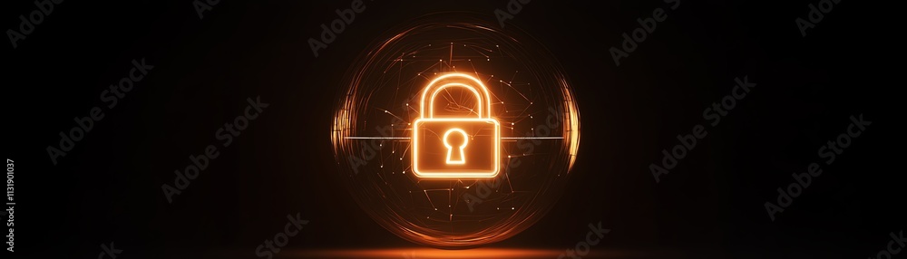 Poster abstract dark background with a glowing digital lock inside a round sphere, symbolizing internet dat