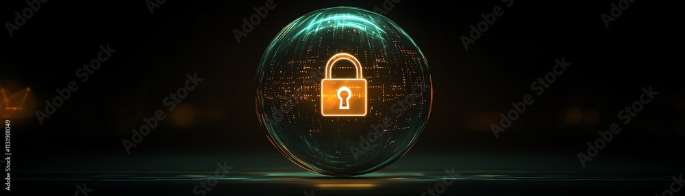 Poster abstract dark background with a glowing digital lock inside a round sphere, symbolizing internet dat