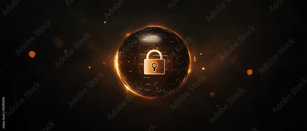 Poster abstract dark wallpaper with a glowing digital lock inside a round sphere, representing data protect