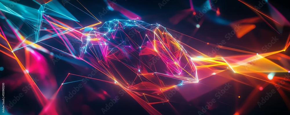 Poster abstract glowing polygonal brain with radiant color lines, illustrating the concept of artificial in