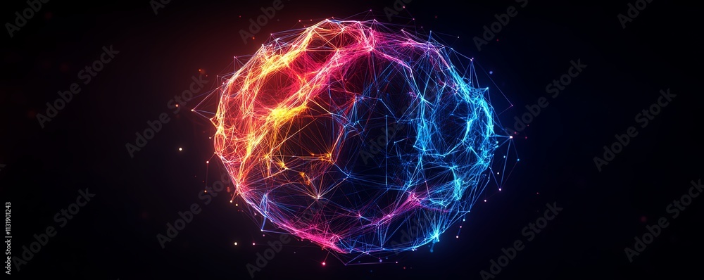 Poster abstract glowing polygonal brain with radiant color lines, illustrating the concept of artificial in