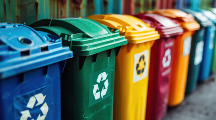 Collection of waste bins full of different types of garbage, recycling and separate waste collection concept