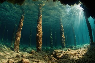 Underwater view of wooden pillars with sunlight filtering through.