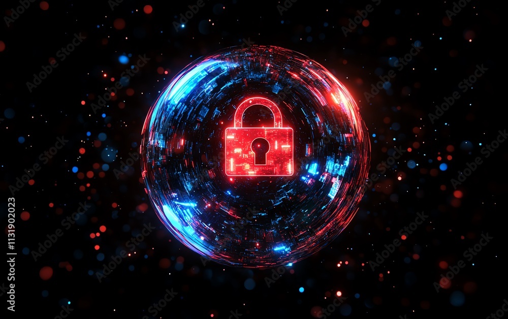 Poster bright digital lock sign in a sphere on dark abstract background, symbolizing data security and inte