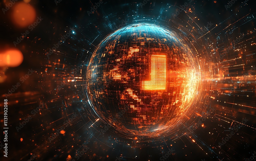 Poster bright digital lock sign in a sphere on dark abstract background, symbolizing data security and inte