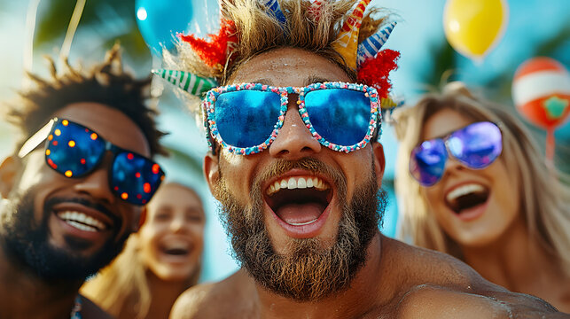 Group of friends celebrating birthday at escape room, wearing colorful sunglasses and festive hats, enjoying laughter and fun in vibrant atmosphere - Powered by Adobe