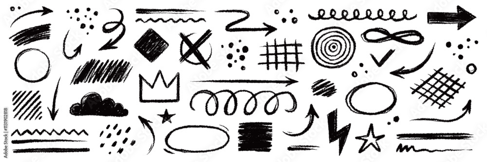 Leinwandbilder arrow brush line chalk sketch texture brush vector set. crayon marker scribble sketch stroke arrow e