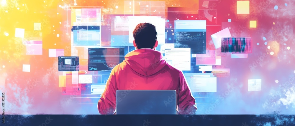 Poster content creation concept with a guy in a hoody using a laptop, surrounded by virtual screens and vid