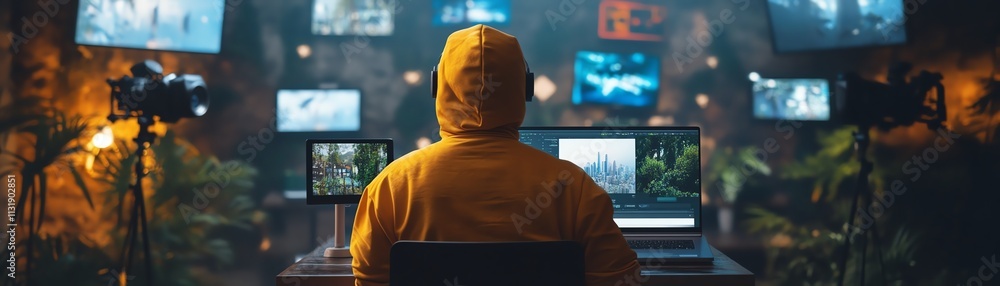Poster content creation concept with a guy in a hoody using a laptop, surrounded by virtual screens and vid