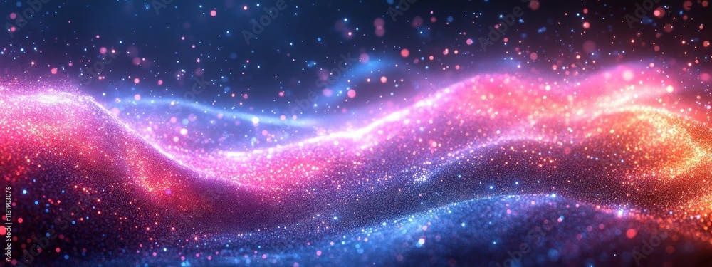 Poster abstract digital visualization of twisting ribbon with neon particles cyberpunk style science concep